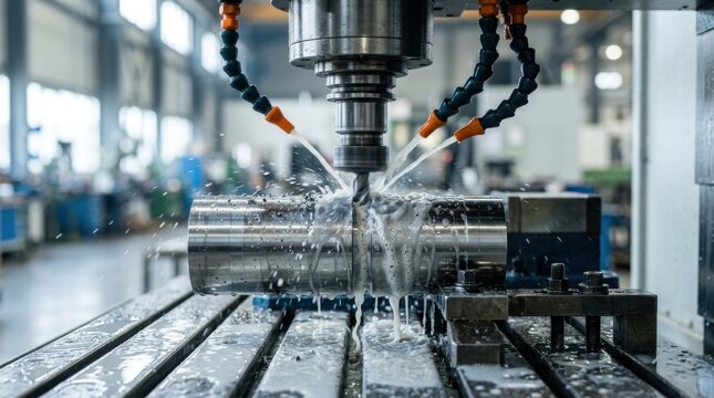 CNC milling machine drilling metal cylinder with coolant spray in industrial workshop, close up macro photography
