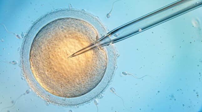 Intracytoplasmic sperm injection procedure using a glass micropipette to fertilize a human egg cell under microscope