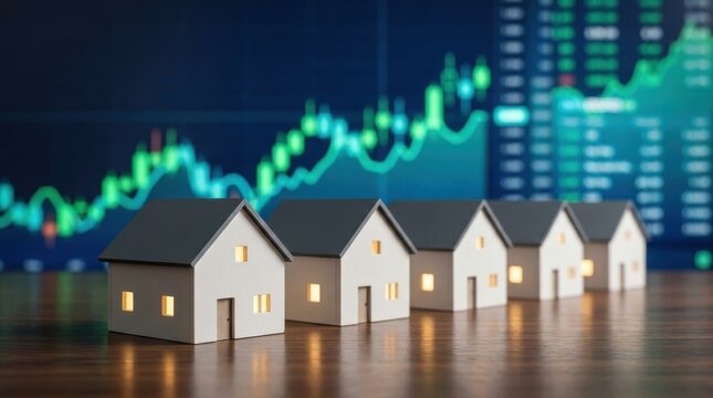 Miniature house models arranged in a row against a glowing financial stock market growth chart background