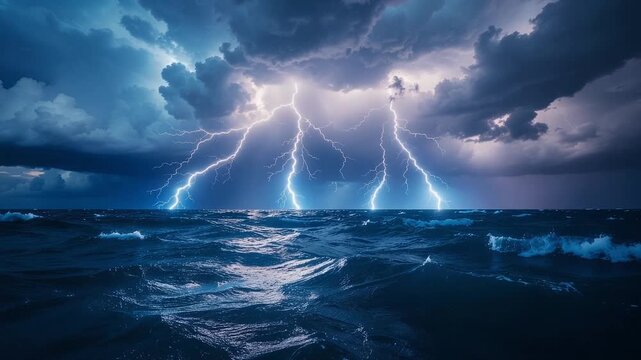 Very Intense Ocean Lightning Loop With Bolts Striking Waves And Water Glowing Under Flashes