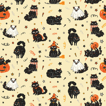 Hand-drawn black cat Halloween seamless pattern. Various black cat on yellow background with Halloween costume. Halloween cat flat design for fabric, paper, wallpaper, cover, decoration, wrapping, oth