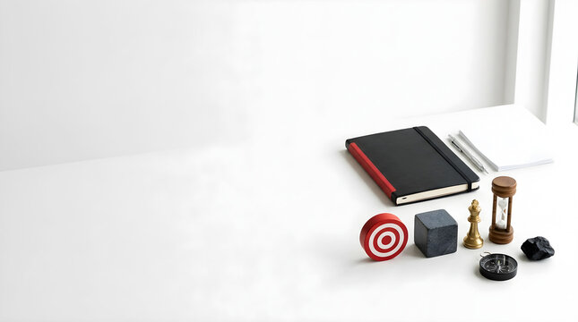 Minimalist organized workspace with strategy tools and corporate planning materials, concept for business analysis, leadership roadmap, and professional decision-making