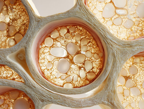 Abstract cellular tissue cross section with large vacuolated cells and fibrous septa, macro microscopic view in warm amber gold tones