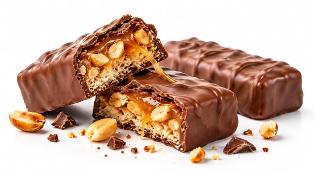 Chocolate bar filled with caramel and peanuts isolated on white background.