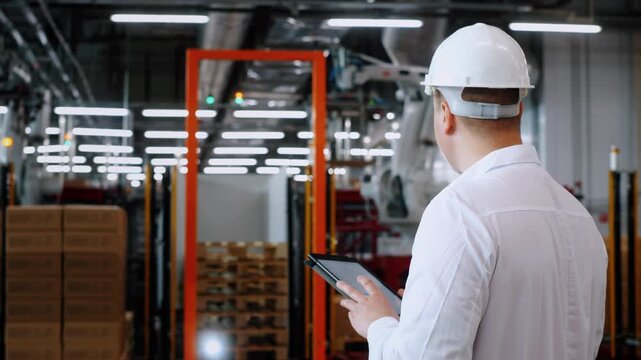 Industrial engineer in safety helmet uses a tablet to monitor and control robotic machinery in a modern factory. Industrial automation, digital technology and production management.