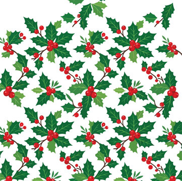 Christmas holly seamless pattern, festive winter berry background vector, green leaves and red berries holiday wallpaper for gift wrap