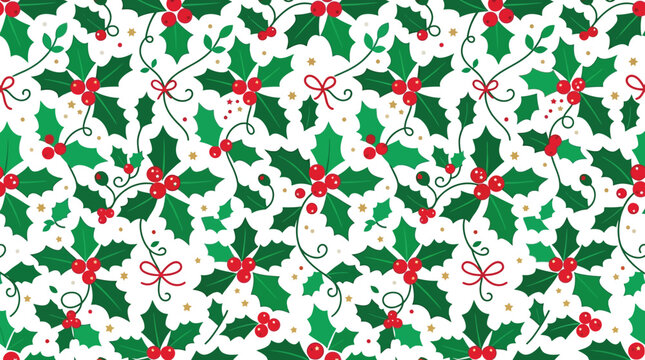 Christmas holly berry seamless pattern, festive winter floral background with green leaves and red berries, holiday botanical vector wallpaper