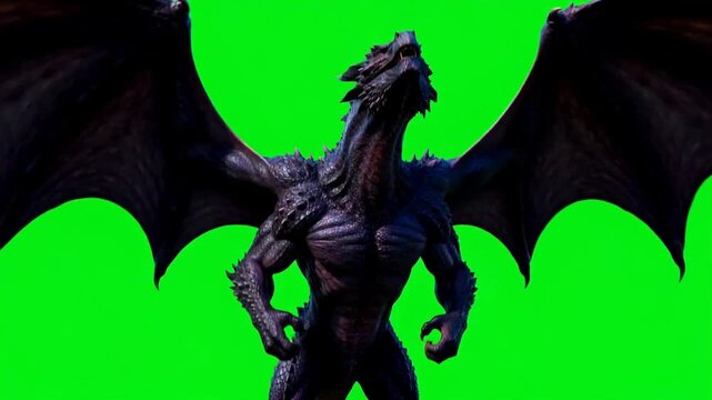 Powerful black dragon on green screen, mythical winged creature standing, fantasy monster for vfx compositing, cinematic dragon with large wings