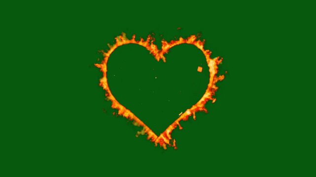 Flaming burning heart shape outline fire effect on a keyable chroma key green screen background
