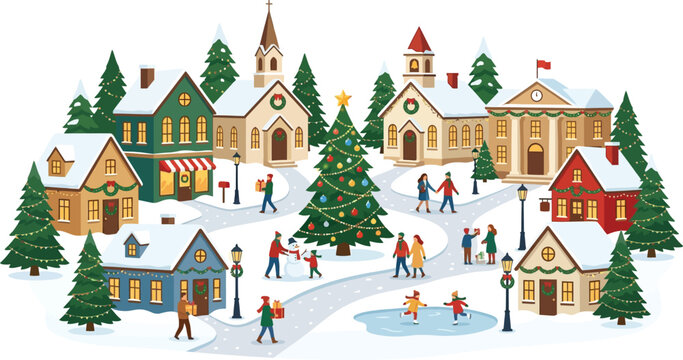 Festive Christmas village scene with snow covered houses and decorated tree, traditional winter town landscape with people ice skating and walking