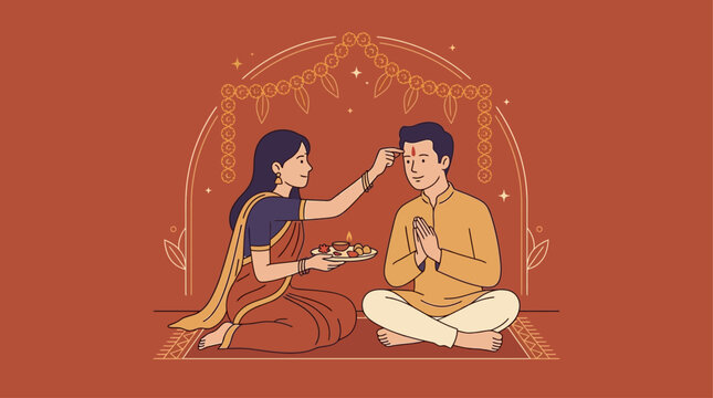 Bhai dooj celebration with sister applying tilak on brother forehead