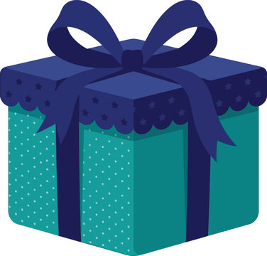 Teal gift box with dark blue ribbon and bow, polka dot present for birthday or holiday celebration, decorative surprise package vector illustration