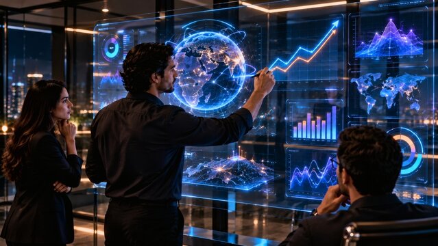 Team member annotating and manipulating data on a large interactive holographic glass whiteboard