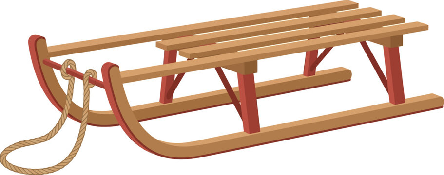 Classic wooden sled with red metal frame and rope, traditional winter sledge for outdoor fun, vintage timber toboggan vector for holiday design
