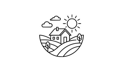 Fototapeta premium Minimalist Countryside Farmhouse Line Art Vector with Sun, Clouds, and Agriculture Fields