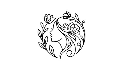Fototapeta premium Feminine Floral Woman Head Silhouette Line Art Vector with Tulip Flowers for Wellness