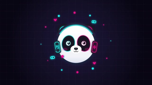 Cute Gamer Panda Bear Character wearing Headphones with Neon Glitch Effect Vector Illustration
