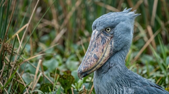 Close up portrait of a shoebill stork with its unique large beak in a natural wetland habitat