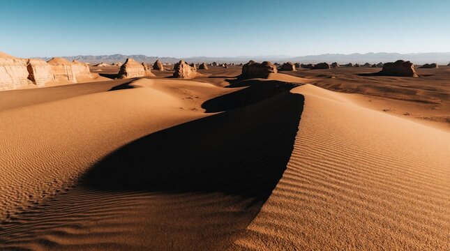 Vast desert landscape with large sand dunes, yardang rock formations. Golden sand ripples under bright sun. Arid wilderness features unique geological erosion under clear blue sky. Ancient stone