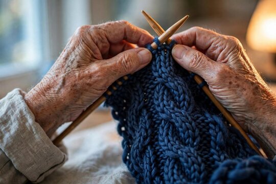Elderly hands knitting indigo cable-knit wool, close-up