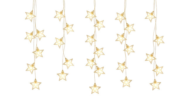 String lights with glowing stars isolated on transparent background