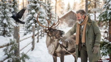 Fototapeta premium A bearded man in winter attire petting a reindeer near a wooden fence in a snowy forest setting