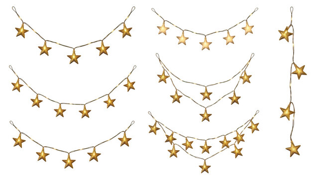 Set of glowing star fairy lights isolated on transparent background