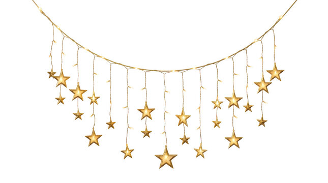 Golden star string lights hanging isolated on transparent background