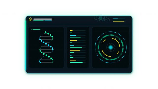 Premium dark biotech UI panel overlay featuring a 3D animated DNA double helix, rotating molecular sequencing rings, hex grid data, and a traveling neon perimeter light against a solid white backgroun