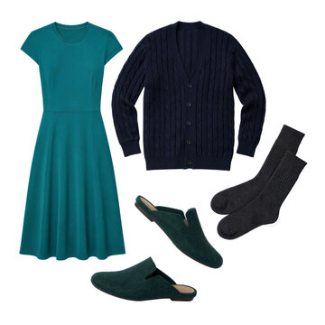 Teal jersey lounge dress, navy cable knit cardigan, charcoal wool socks and dark green felt mules on transparent background