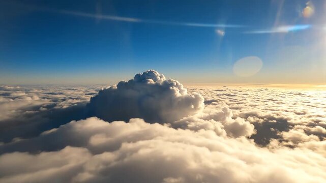 Aerial view of massive cumulonimbus cloud above blanket of golden mist