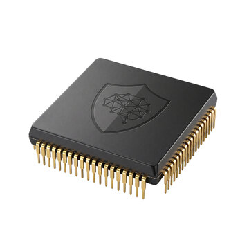 Black microchip circuit board processor with gold pins, digital technology hardware silicon security shield concept, modern computing microprocessor abstract background