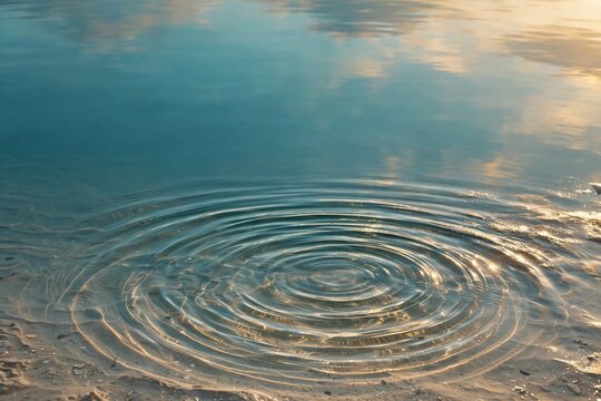 Concentric water ripples reflecting golden sunset light on a calm tidal pool