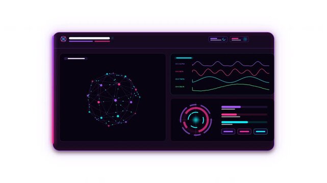 Premium dark cyber-neurology UI panel overlay featuring a rotating 3D neural node network, multi-channel EEG waveform monitor, synaptic data rings, and traveling luminous perimeter light against a sol