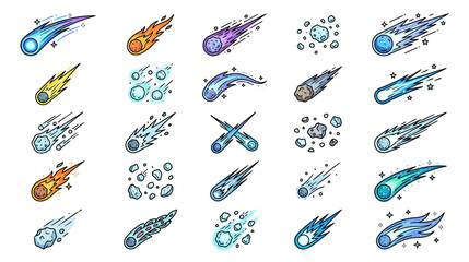 Collection of colorful falling meteorites and asteroids © Holo