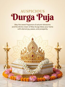 Auspicious Durga Puja vertical social media post with sholapith mukut crown and fragrant shiuli parijat flower garland on marble dais with pink lotus flowers and luxury greeting typography for holiday