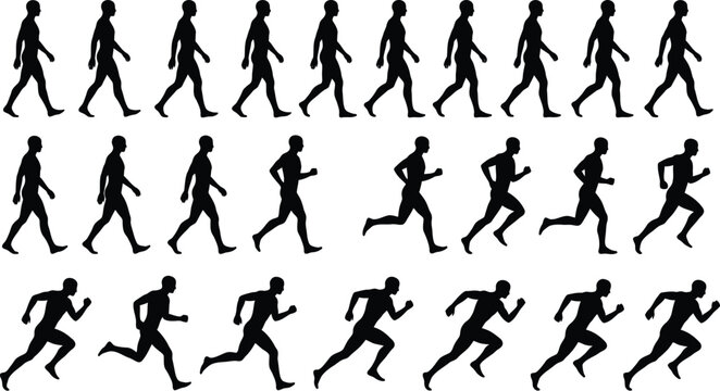  Human Walking and Running Vector Silhouettes
Professional 2D vector illustration of multiple solid black human silhouettes walking, jogging, and running, arranged in three horizontal rows on a pure
