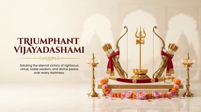 Triumphant Vijayadashami panoramic website banner with golden trishul kodanda bow and talwar sword on marble terrace with pink lotus blossoms brass lamps and luxury greeting typography for festival