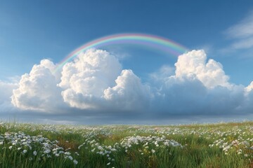 Naklejka premium Serene landscape with rainbow sky.