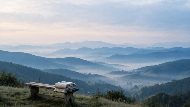 wooden picnic bench overlooking misty mountain range with soft morning light and distant valleys