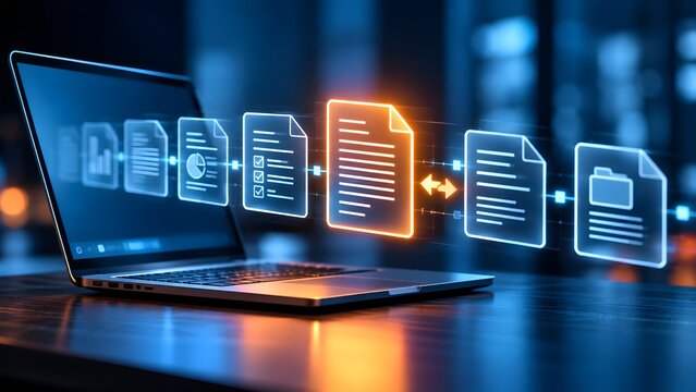 Laptop computer displaying holographic stream of digital document files transferring across network highlighting electronic data migration process