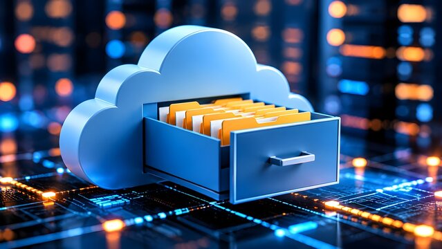 Glowing blue cloud computing icon with open drawer revealing organized file folders representing digital data storage and virtual archiving system