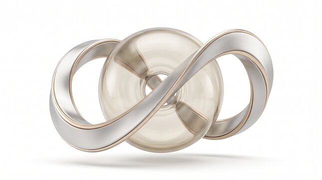 Metallic infinity loop sculpture, abstract silver 3D geometric shape, sleek pearl infinity knot concept on white background