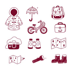 Children's outdoor adventure icons in a simple burgundy line drawing style on a white background for travel and exploration themes © Mahim
