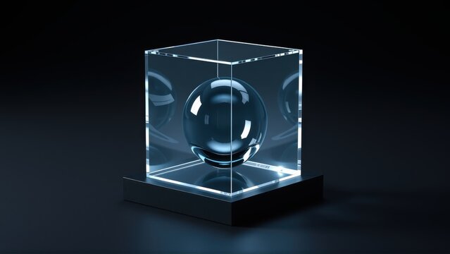 Glass cube displays sphere. Dark background highlights reflective surfaces, creating dramatic presentation. Minimalist design, modern aesthetic.
