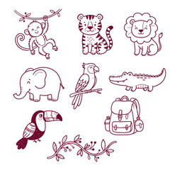 Fototapeta premium Cute cartoon jungle animals and backpack on white background for children's design projects
