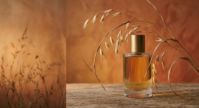 Amber glass perfume bottle styled with dried wheat grass against a warm, earthy textured background