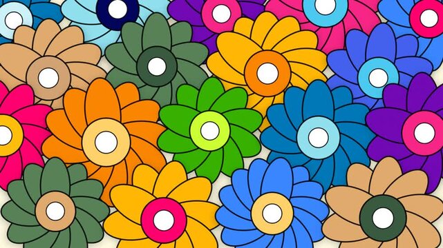 Vibrant multicolored flower patterns arranged in a dense collection showing various petals and circular centers perfect for creative artistic projects requiring a cheerful and lively floral