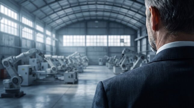 Businessman looking at industrial robotic arms in a modern