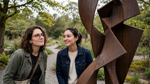 two women admiring large rusted metal abstract sculpture in a lush park surrounded by greenery and trees